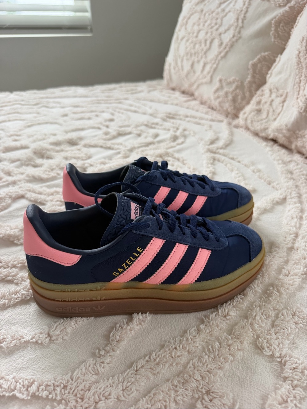 adidas Gazelle Platform Sneakers in Navy & Pink with Gum Sole